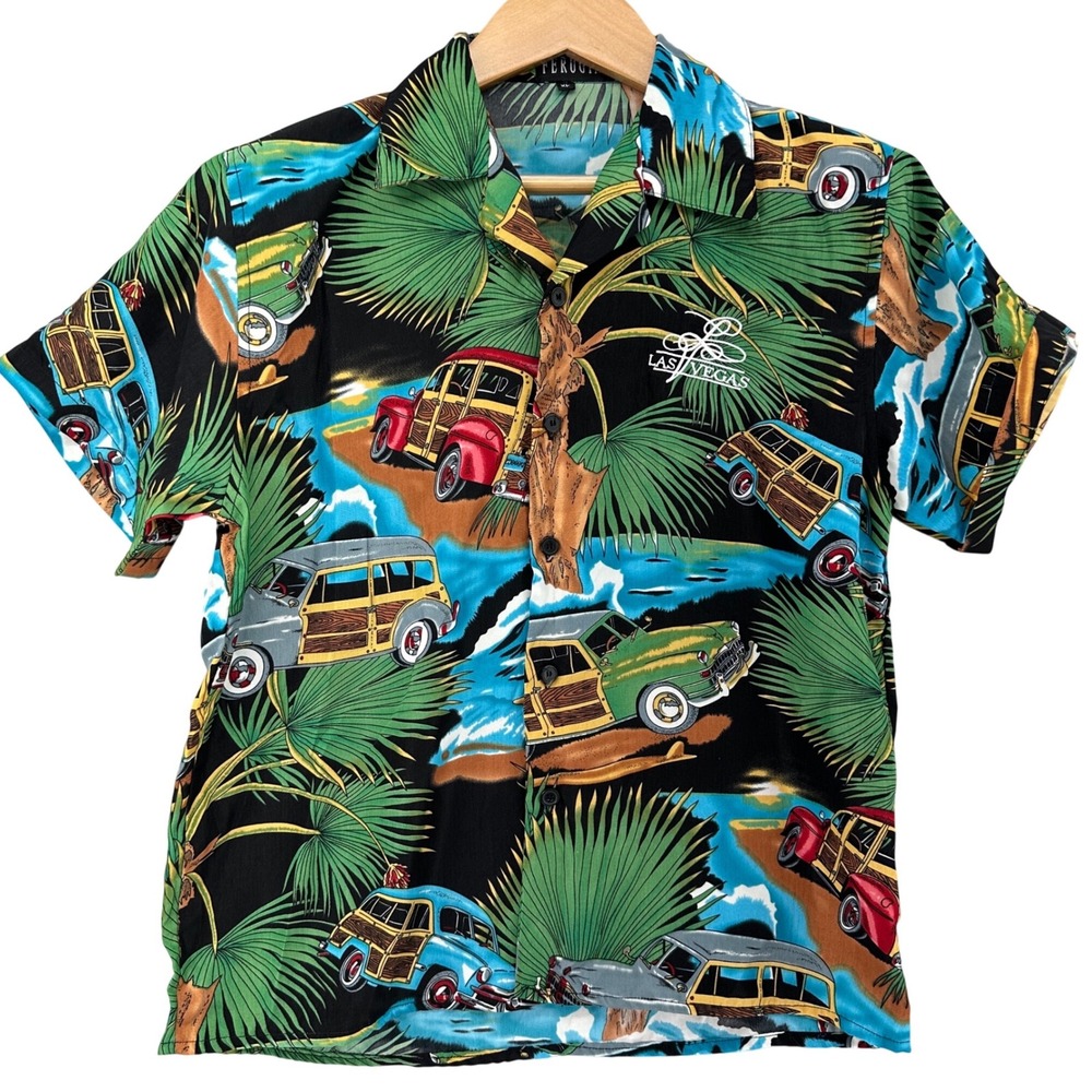VTG Ferugini Las Vegas Tropical Woody Car Palm Tree Button Down Shirt AOP XL 90s